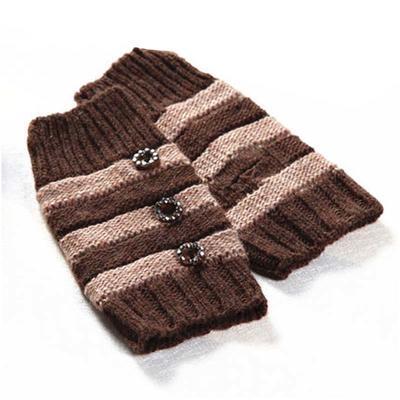 冬季学生半指手套 可爱条纹纽扣针织手套 女冬天保暖露指毛线手套